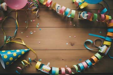 Colorful party decorations frame on rustic wooden background with confetti, streamers, balloons, and hat for celebration