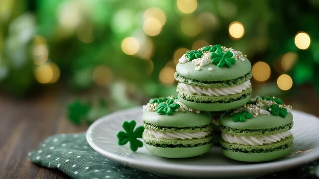 Green macarons stacked on a plate, shamrock-shaped frosting accents, bright festive background