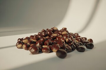 Pile of shiny brown horse chestnuts with smooth shells, autumn harvest, isolated on white