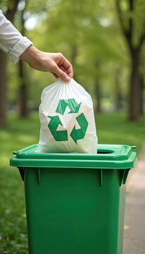 Hand places bag with recycling symbol into green bin outdoors. Person disposes trash responsibly, promoting eco-friendly habits for cleaner planet. Supports green living, waste reduction initiatives.