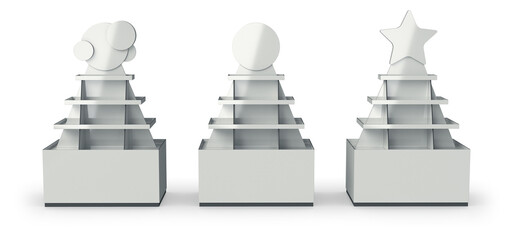 Retail cardboard pyramid POS display stands with various shaped tops. Trade show booth. 3d illustration on white background © Wire_man