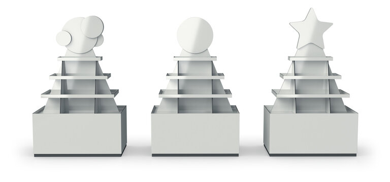 Retail cardboard pyramid POS display stands with various shaped tops. Trade show booth. 3d illustration on white background