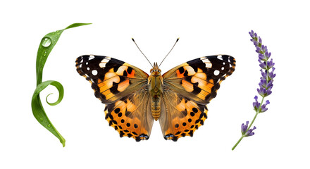 Obraz premium Painted Lady butterfly rests between a dew-kissed grass blade and lavender sprig