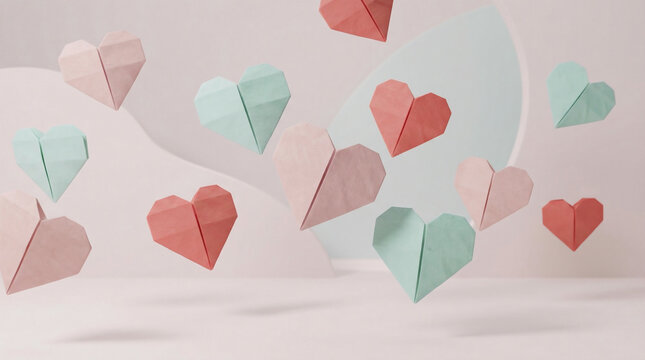 Floating pastel origami paper hearts on clean bright background, minimal romantic concept