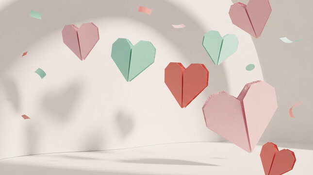 Floating pastel origami paper hearts on clean bright background, minimal romantic concept