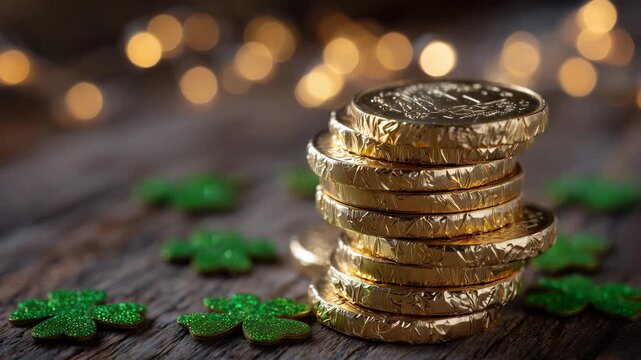 Stack of gold chocolate coins in festive green wrapper, shamrock decorations around, macro texture