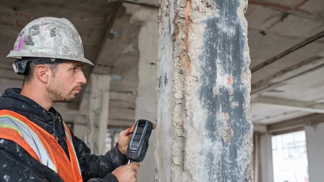 Technician performing a detailed nondestructive test on reinforced concrete columns to evaluate material durability and safety.