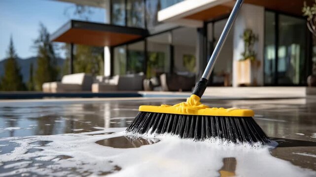Stock home maintenance close-up, broom pushing soapy water along textured concrete, foam patterns visible, modern house with clean lines and windows in background, natural daylight