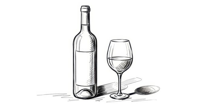 Vintage hand-drawn wine bottle and glass sketch, elegant alcoholic beverage illustration