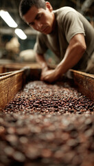 Worker Inspecting Pulped Coffee Beans in Industrial Setting