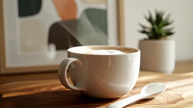 A cup of coffee on a wooden table with a spoon and plant