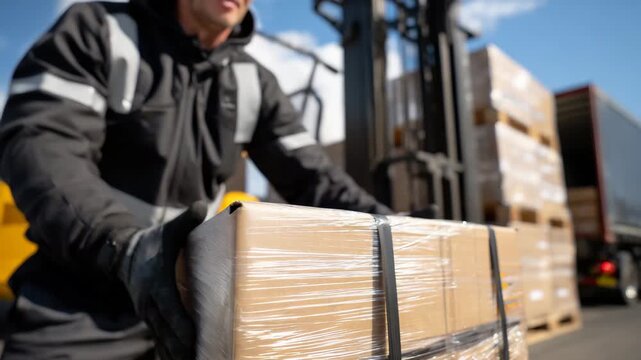 Warehouse workflow detail, gloved hands pulling ratchet strap tight, pallets neatly stacked, large delivery truck visible in background, high-detail textures on boxes and asphalt