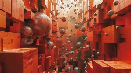 Surreal architectural corridor built from red geometric blocks and floating spheres, creating a cinematic space where depth, scale and gravity dissolve into abstract spatial harmony