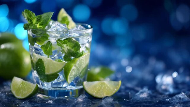 Wide composition, mojito centered on reflective surface, lime wedges and ice cubes visible, sparkling deep blue background with subtle light glints, vibrant and refreshing look