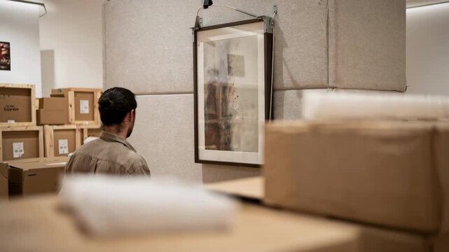 Focused shot on worker mounting a framed artwork onto a soft temporary wall with outoffocus foam padding and crates surrounding the scene.
