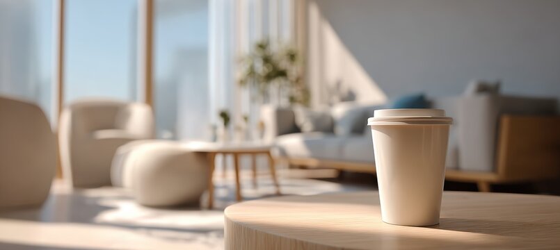 Modern Interior with Coffee Cup on Side Table in Calm Neutral Setting