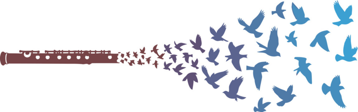 Flute music sets birds free in colorful gradient sky