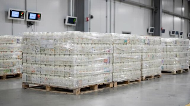 Medium shot of stacked dairy pallets on a warehouse floor with sharp focus on milk cartons blurred temperaturemonitoring devices in the background.