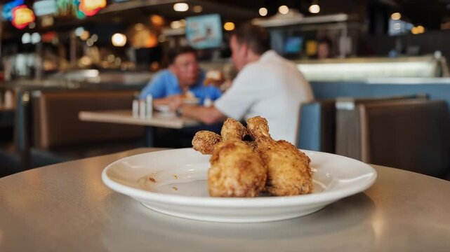A plate of crispy fried chicken is served in a bustling restaurant with a blurred background of diners and tables.