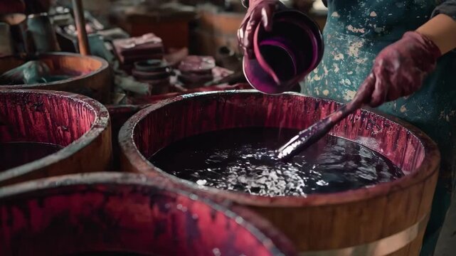 Medium shot of an artisan mixing soybased inks demonstrating environmentally friendly ink formulation used in sustainable photo printing.