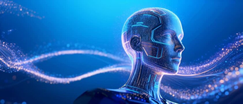 Futuristic Digital Human Silhouette With Glowing Neural Network Lines On Blue Background Symbolizing AI And Technological Advancement