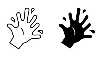 Obraz premium Vector illustration set of two hand splash icons featuring linear outline and solid black silhouette styles showing open palms with water droplets for hygiene, washing, or playful design concepts