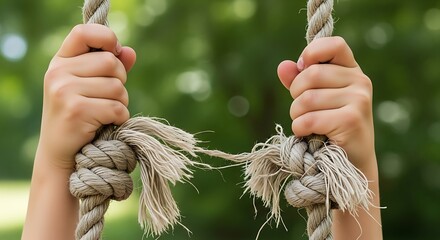 Child hands holding frayed rope against green blurred background
