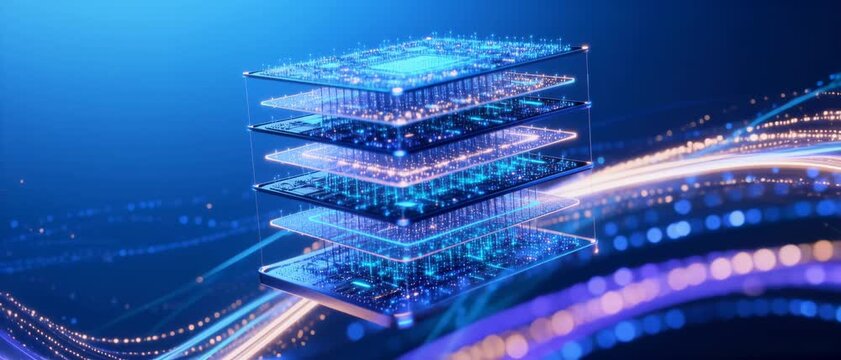 Futuristic Digital Data Layers with Glowing Light Streaks on Dark Background Symbolizing Technological Advancement and Data Processing