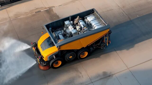 Medium frame showing a mechanical tarmac sweeper with water spray system reducing dust while cleaning an industrial airfield pavement.
