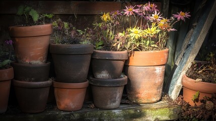 Stacked weathered terracotta pots overflowing with colorful blooming flowers in a rustic garden setting