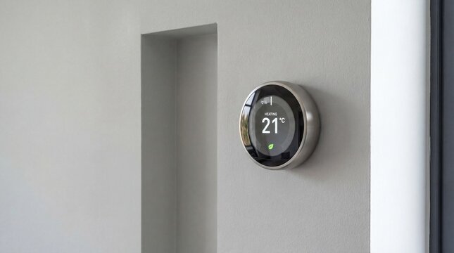 Modern Smart Thermostat Displaying Room Temperature with Digital Interface, Symbolizing Home Automation and Energy Efficiency