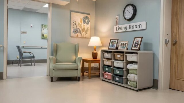 Medium shot focusing on a dementia wings calming modular room with soothing colors and adaptive design elements promoting safety and familiarity.