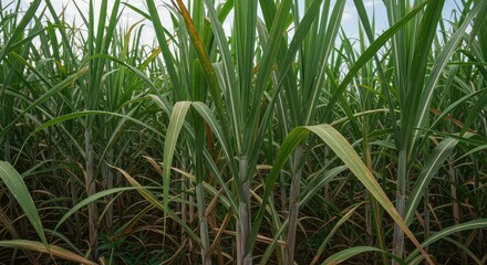Green and brown stalks of mature sugar cane growing densely in a large agricultural field under the bright tropical sun ,cane ,sugar ,harvest