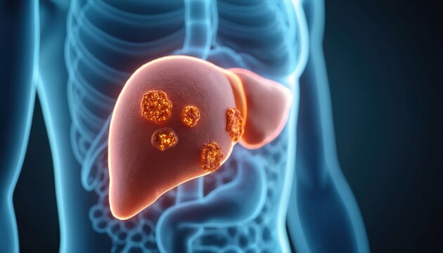 Human liver with cancerous tumors shown as bright orange growths. Illustration details cellular division, disease progression within organ system. Medical science graphic malignant cell mutation.