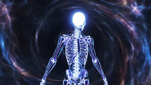 A glowing blue skeleton with a radiant head surrounded by swirling purple and orange clouds in a dark space background