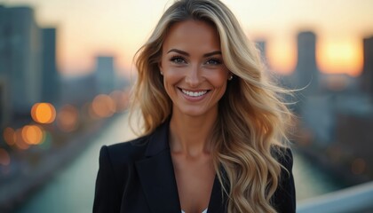 Obraz premium Young woman with long blonde hair smiles confidently in a city at sunset. She wears a black jacket, her makeup is natural. The background shows blurred city lights and buildings.