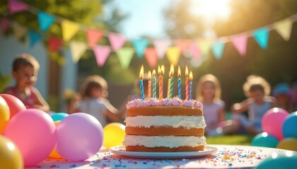 Obraz premium Children enjoy sunny backyard birthday party. Festive cake with lit candles sits on table near colorful balloons. Happy kids celebrate outdoor event on grass.