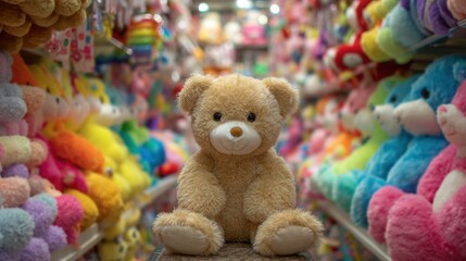 Adorable toy bear surrounded by colorful stuffed animals in toy store aisle.