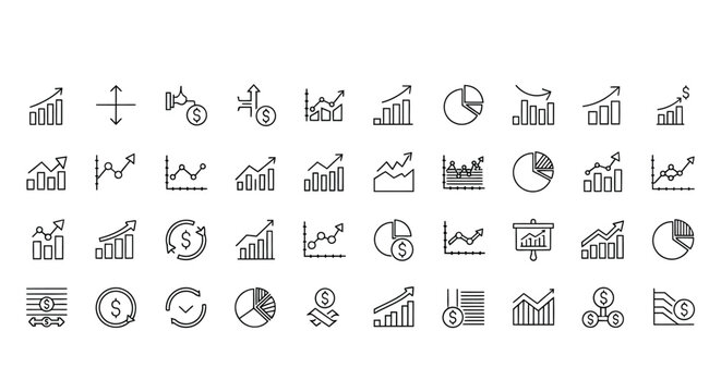Fifty financial chart icons display various forms of economics.
