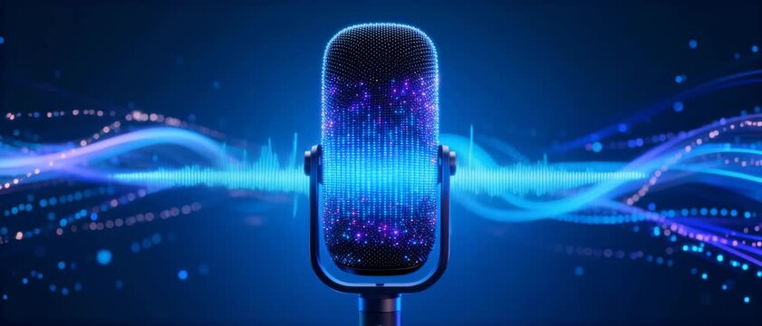 Digital Particle Microphone Surrounded by Dynamic Blue Sound Waves for Audio Technology and Media Production Visuals