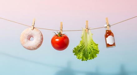 Donut tomato lettuce and sauce bottle on clothesline