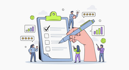 Fototapeta premium Hand holding pen checking survey form with people analyzing data and giving feedback around it colorful flat design positive emotions