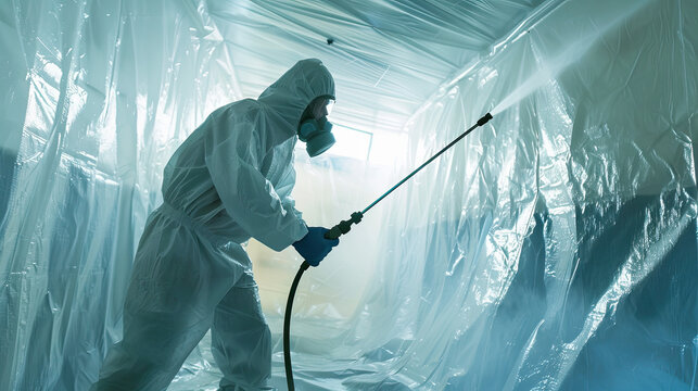 Asbestos abatement worker inside a fully sealed containment area