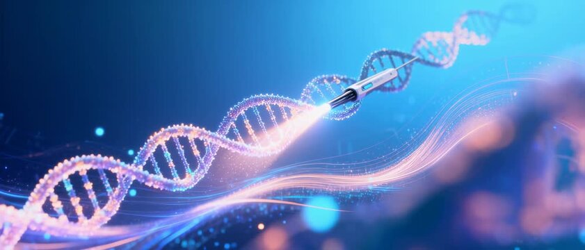 Syringe Interacting with DNA Strand in Futuristic Blue-Lit Scientific Environment