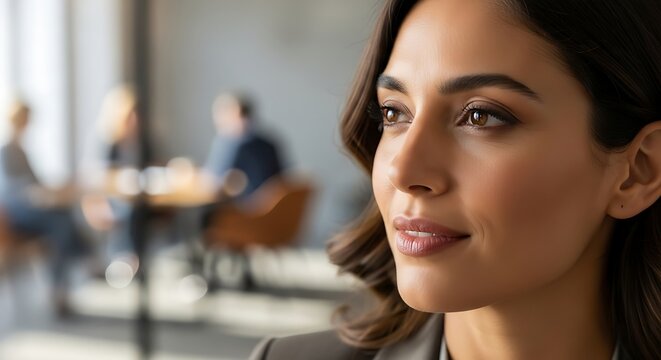 Approachable Smiling Businesswoman in Gray Blazer in Office Setting with Close-Up Perspective in Warm Natural Lighting