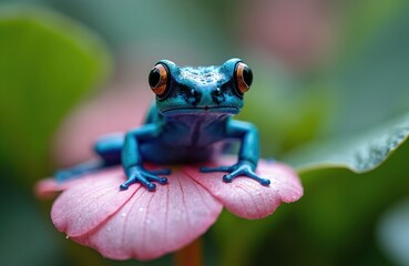 Fototapeta premium Blue poison dart frog sits on pink flower petal. Small amphibian with big eyes rests on plant in rainforest. Creature has bright skin and wet body. Wild animal macro.