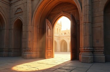 Obraz premium Ancient stone archway entrance with open wooden doors leading to a sunlit courtyard. Architectural details, columns, and stone floor show grand old building exterior and interior light.