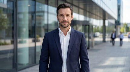 Fototapeta premium Confident businessman standing outside modern corporate office building, professional success, leadership mindset, business ambition, and corporate lifestyle concept