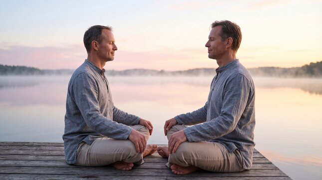 Two Professionals in Conversation Symbolizing Teamwork and Communication with Serene Waterfront Background, Business, Leadership, Collaboration, Corporate