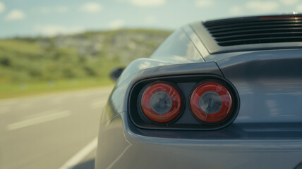 Fototapeta premium High performance silver sports car driving fast on a scenic road with motion blur background highlighting the round dual red LED taillights and aerodynamic rear design